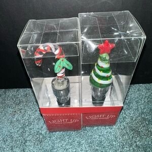 Set Of 2 Holiday Light Up Bottle Stoppers Candy Cane & Christmas Tree NIB